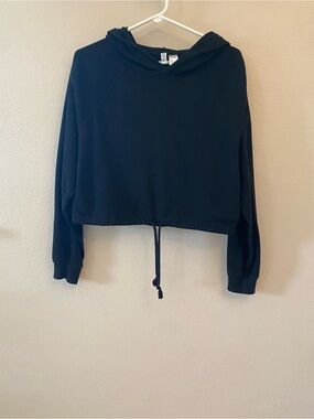 Black Cropped Hoodie with Drawstring - Women Tops